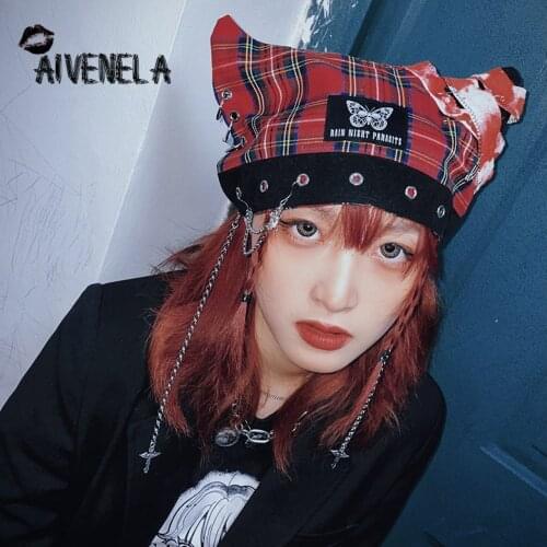 Punk Rock Gothic Hat Red Black Plaid Cross Chain Fashion Cat Ear Women Girls Removable Bucket Streetwear Hip Hop Caps AFC866