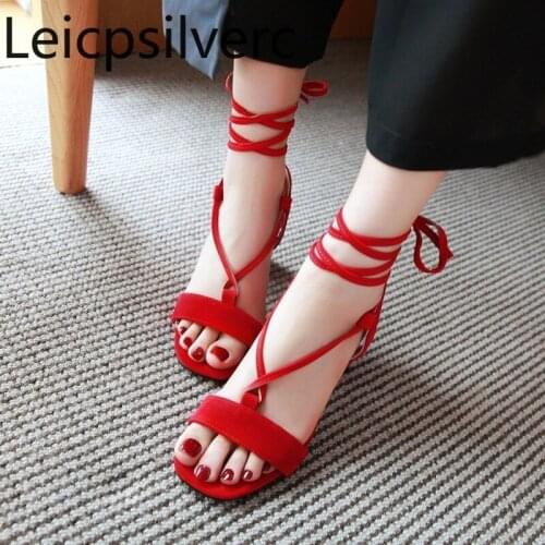 Womens Sandals summer new style fashion Flock Solid Open toe Lace-up Thick heel mid heel Womens shoes plus size 32-43