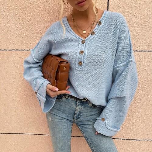 Autumn Knitted sweater fashion 2021 winter new reverse button Long sleeve tops V-neck sweater blouse womens pullover jumper