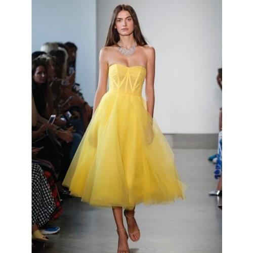 Robe De Soriee Simple A-lien Tea Length Prom Dresses Short Formal Dress Party Gown Yellow Tulle Abiye Gece Elbisesi
