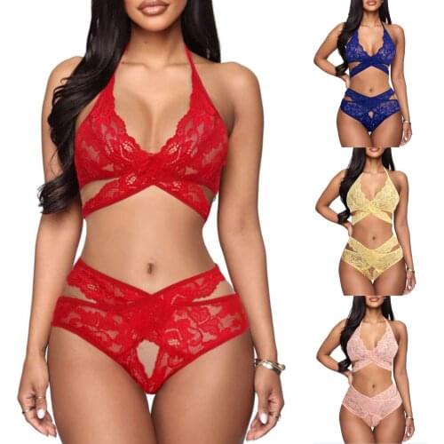 Women Sexy Two-piece Lingerie Set Halter Neck Backless Underwear and Hollow Out Panties, S/ M/ L/ XL/ XXL