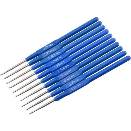 10pcs Blue Metal Knitting Needles Length 14mm Hook Size 0.6-2mm Crochet Hooks Tools Kit With Ergonomic Grips