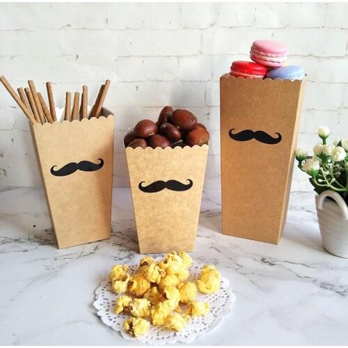 12pcs Kraft Paper Popcorn Box Mustache & Lip Sticker Movie Wedding Birthday Party Boy Girl Favor Candy Snack Treat Box