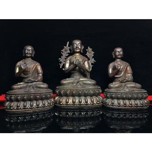 24"Tibet Buddhism Old Bronze Cinnabar Lacquer Tsongkhapa Statue Guru Buddha A master Second disciple set Enshrine the Buddha