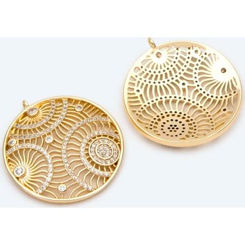 4pcs CZ Paved Hollow Round Charm, Gold Plated Brass, Filigree Round Pendants For Necklaces Bracelet DIY Jewelry Making (GB-2356)