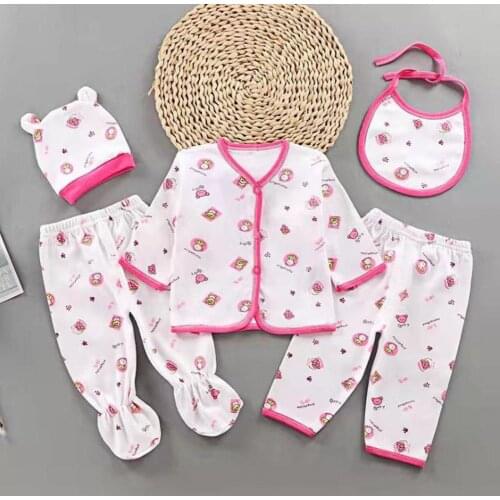 5Pcs/Set Baby Unisex Outfits Cartoon Print Breathable Cotton Infants Tops Hat Pants Bib Clothes Suit for Newborn Baby Clothing