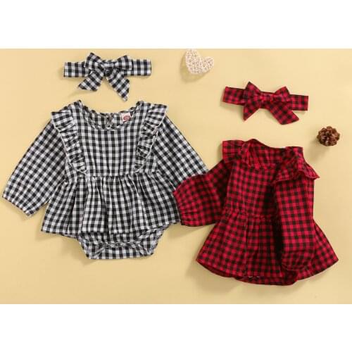 FOCUSNORM 2pcs Lovely Baby Girls Boys Romper Headband Ruffles Long Sleeve Plaid Printed Christmas Jumpsuits 0-18M