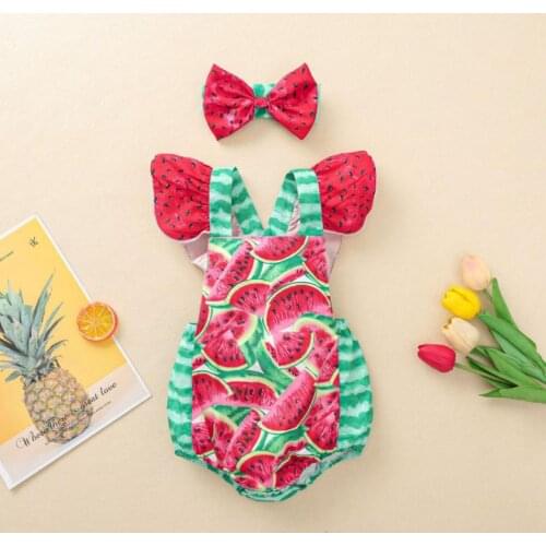Summer Baby Girls Bodysuits Outfit Suit Sweet Style Baby Watermelon Printing Fly Sleeve Romper Bow Headwear