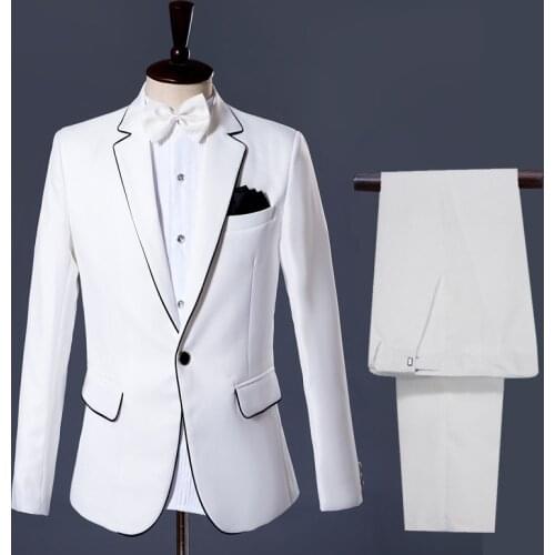Mans Dress Coat+Pants+Bow Tie+Square Scarf Suit Stage Costume Host Singer Annual Meeting White With Back Border Business Set
