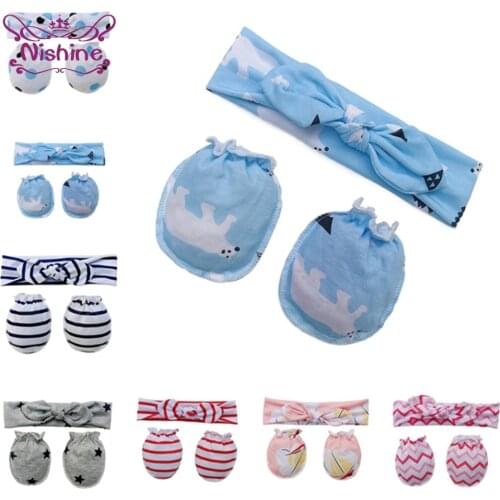 Nishine Cute Cartoon Print Hairband and Glove Set Fashion Striped Bunny Ears Elastic Headband Baby Anti-Grab Face Protect Mitten
