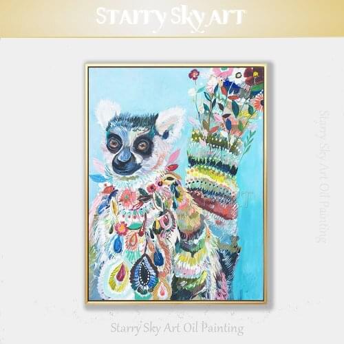 New Arrivals Hand-painted High Quality Animal Lemur Oil Painting on Canvas Small Animal Lemur Oil Painting for Wall Decoration