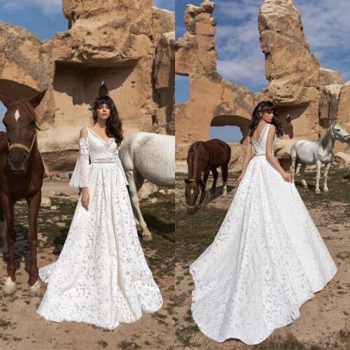 2020 A Line Wedding Dresses V Neck Long Sleeves Lace Appliques Bridal Gowns Sexy Backless Sweep Train Wedding Dress