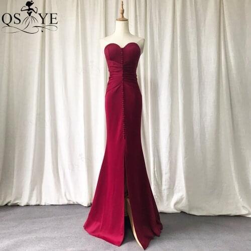 Dark Red Evening Dresses Mermaid Sweetheart Neck Evening Gown Buttons Elegant Ruched Party Dress Elastic Formal Dress Sexy Slit