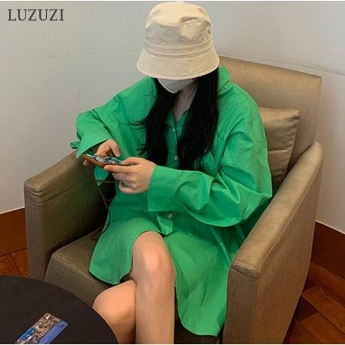 LUZUZI Korean Chic Spring Temperament Light Green Shirt Coats Women Loose Casual Blouse Turn-down Collar Blouse 2021 Summer