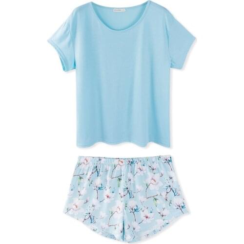 Neatie kiddie Short Sleeve O-neck Solid T-shirt Women Top Floral Print Casual Night Home Short Female Pajamas Sets