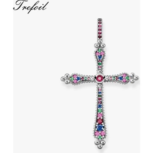 Colorful Royalty Cross Pendants, Fashion Jewelry 925 Sterling Silver Vintage Gift For Women Girls Fit Necklace 2019 Spring New