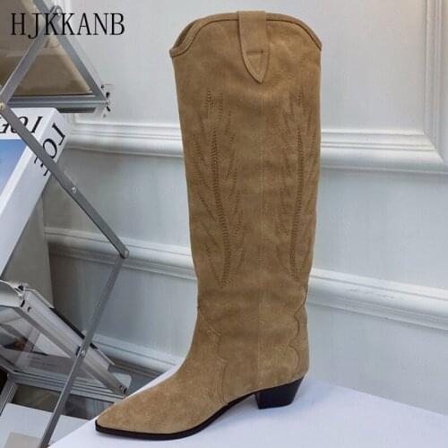 New Pointed Toe Retro Long Boots Women Leather Embroidery Knight Boots Slip-on Knee Boots Chunky Low Heel West Cowboy Boots Lady