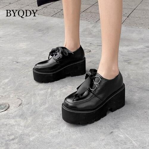 BYQDY Spring Autumn Mary Janes Shoes Square Heel Thick Bottom Lace-up Single Shoes Increased Retro Lolita Leather Pumps Women 39