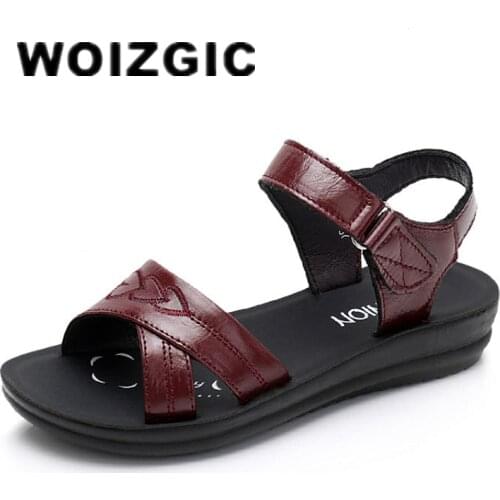 DONGNANFENG Women Female Old Mother Ladies Casual Cow Genuine Leather Shoes Sandals Summer Beach Hook Loop Size 35-41 XZ-113
