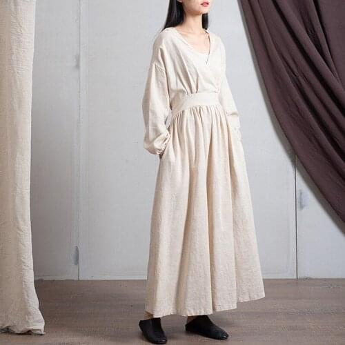 2020 Autumn Cotton Linen Dress New V-neck Loose Solid Color Long Vintage Robes Long Dresses Self Belt Maxi Comfortable Vestidos