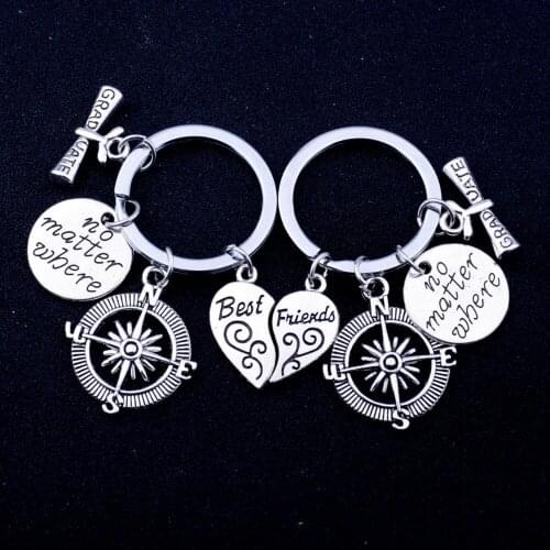 2Pcs Best Friend Puzzle Heart Keychains Vintage Compass Hand Stamped Broken Heart BFF Friendship Pendant Best Sister Charms Gift