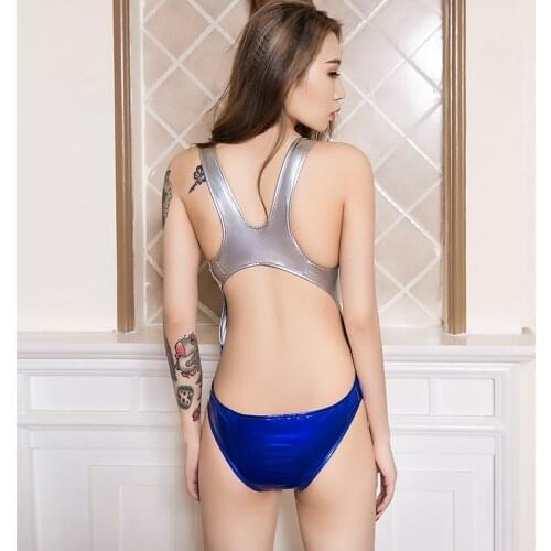 PU Leather High Cut Bodysuits Women Bathing Suit Wet Look Pole Dancewear Leotards Shiny PVC Sexy Backless Catsuit Shiny Swimsuit