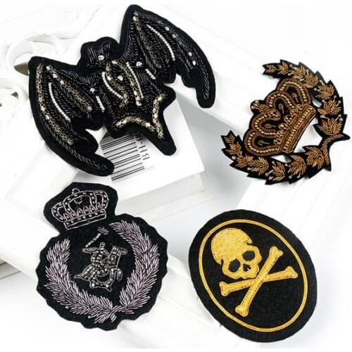Big-Brand Handmade Indian Silk Embroidery Badges Bat Skull Cloth Stickers Crown Badge Metal Wire Decoration Stickers