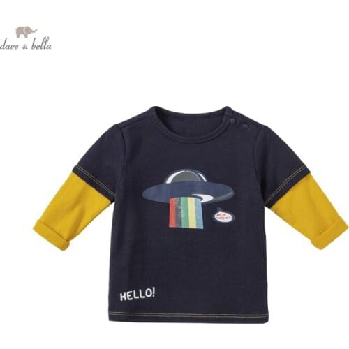 DBA18783-1 dave bella autumn baby boys casual cartoon letter print patchwork T-shirt children tops kids boy fashion tees
