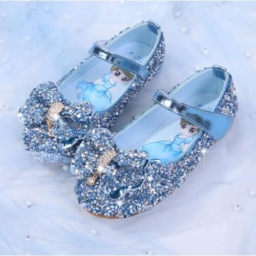 Princess Kids Leather Shoes For Girls Casual Glitter Shoes Children Dance Shoes Butterfly Knot Blue Pink Silver Performance Shoe