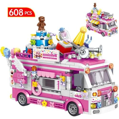 City Friends Ice Cream Truck Street View Dining Car Mini Building Blocks Creator Food Snacks Shop Bricks Toys For Children Girls