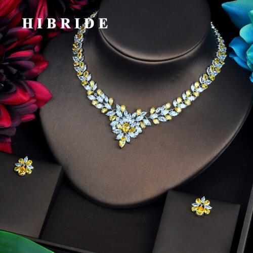 HIBRIDE Luxury Sparkling Yellow Cubic Zirconia Jewelry Sets Earring Necklace Set Womens Wedding Parure Bijoux Party Gifts N-476