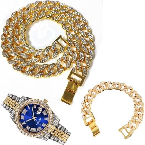 15MM 3pcs Kit Hip Hop Iced Out Paved Rhinestones Miami Cuban CZ Necklace+Watch+Bracelet Rapper Necklaces For Man Jewelry