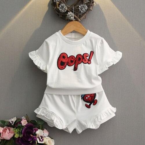 Girls Letter Pattern Clothes Sets New Fashion Summer Kids Wholesale Clothing White T-shirt And Shorts Children Sequins Clothing