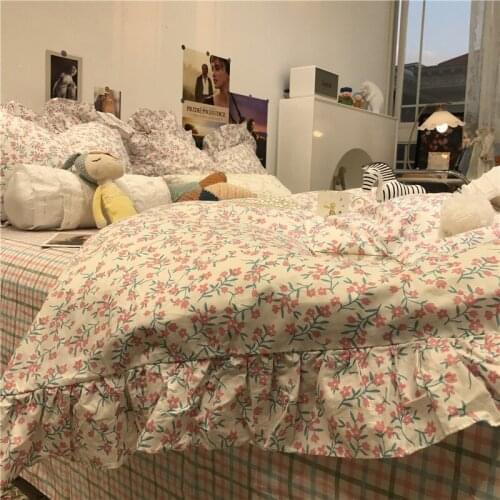Ins Korean Bedding Set Lace Pastoral Style Small Floral Duvet Cover Four-piece Set Pure Cotton Printing Small Fresh Bedding