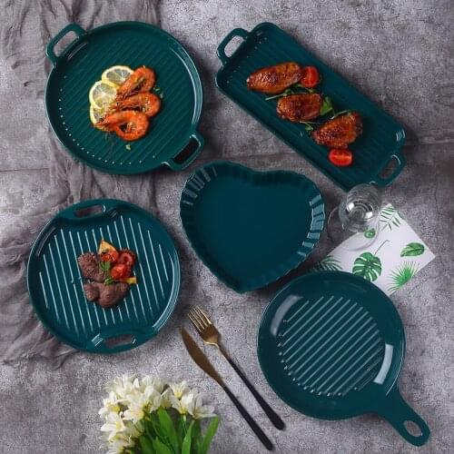 Nordic creative home kitchen dishes set ceramic tableware dinner tableware deep plate dark green cooking round plate