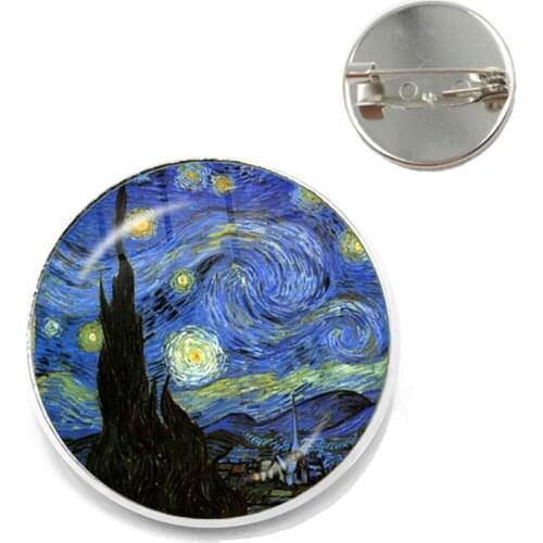 Fashion Van Gogh Art Starry Night Sunflower Brooches 20mm Glass Cabochon Dome School Bag Silver Brooch Pins Badge For Women Men
