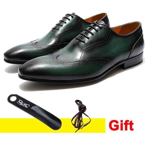 Brand New Casual High Quality Men Dress Shoes Lace Up Formal Shoes Leather Wingtip Oxfords Business Office Green Black Footwear