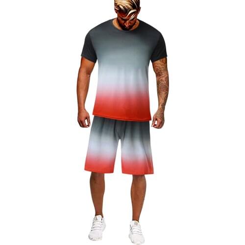 61# Gradient Men Sets Drawstring Shorts O-neck Short Sleeve Top Two Piece Sports Fitness Running Summer Tracksuit Survêtement