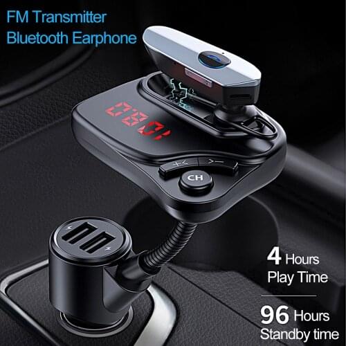 JINSERTA Bluetooth 5.0 In-ear Earphone In-Car FM Transmitter Handsfree Car MP3 Player Modulator Dual USB Charger TF music play