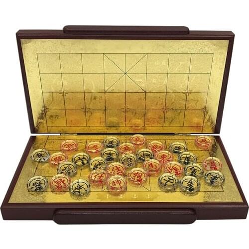 New Wood Chinese Chess Game Set Folding Chessboard Crystal Pieces Glittering Gold Foil Chessboard Upscal Chess Good Gift