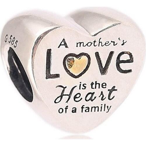 Original Gold Color Love Heart of the Family Two-Tone Beads Fit 925 Sterling Silver Charm Bracelet Bangle Diy Jewelry