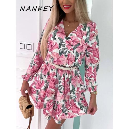 NANKEY Pink Flower Print Dresses For Women Winter Long Sleeve V Neck A Line Dress Elegant Mini Print Party Vestidos