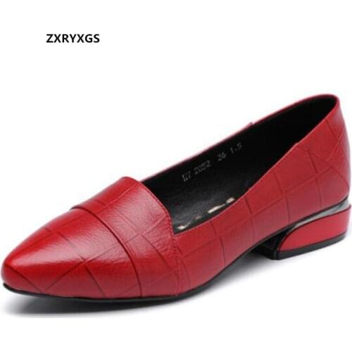 Promotion 2021 New Spring Pointed Shallow Mouth Women Genuine Leather Shoes Fashion Leisure All-match Low-heel Shoes Large Size