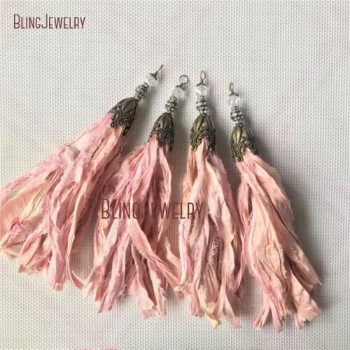 Pink Sari Silk Tassel Pendant Antique Bronze Cap Crystal Ball Accent Tassel Pendant PM28183
