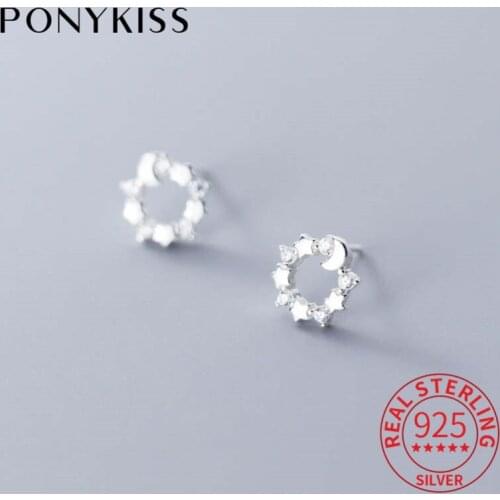 PONYKISS S925 Sterling Silver Stars and Moon with Round Zircon Stud Earrings Women Party Elegant Jewelry Accessory Chic Gift