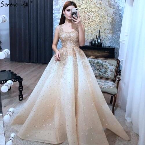 Dubai Champange Sleeveless Luxury Evening Dresses Design Full Crystal A-Line Sexy Evening Gowns Serene Hill BLA70232
