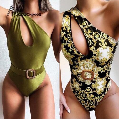 One Shoulder Swimsuit One Piece Sexy Paisley Print Swimwear Women With Belt Monokini Ladies Hollow Out Swimming Suit Beachwear