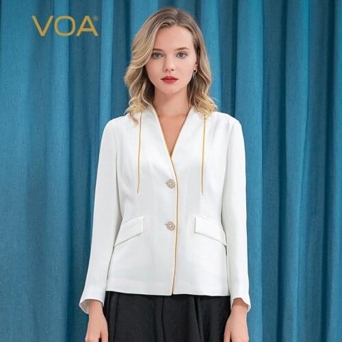 VOA 30m/m Silk Heavy Milk White V-neck Long Sleeve Small Fragrance Single-breasted Yellow Edging Waist Jacket Women WE16