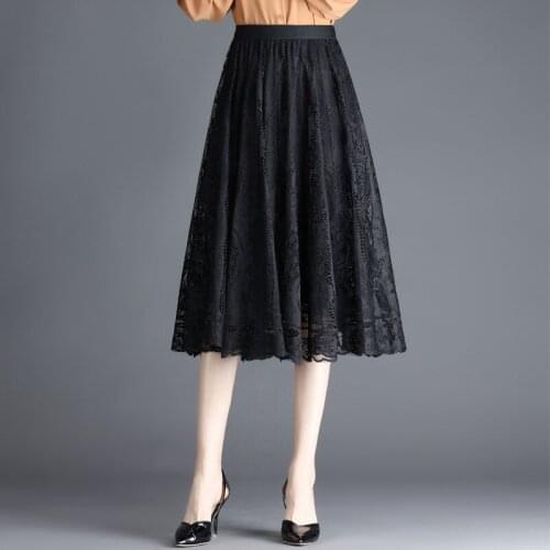 Womens Lace Mid-length Skirts Female 2021 Spring & Summer New A-line Mid-length Large Swing Yarn Fairy Pleated Skirt BSQ466