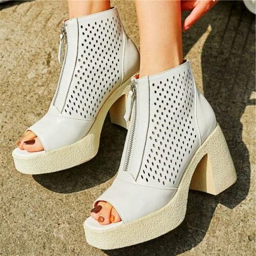 Womens Genuine Leather Ankle Boots Open Toe Sandals Platform Shoes Party Pumps Chunky Oxfords 34 35 36 37 38 39